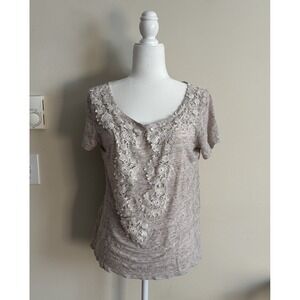 Sundance Medium Top Linen T Shirt Crochet Lace Boho Casual Beach Summer Beige